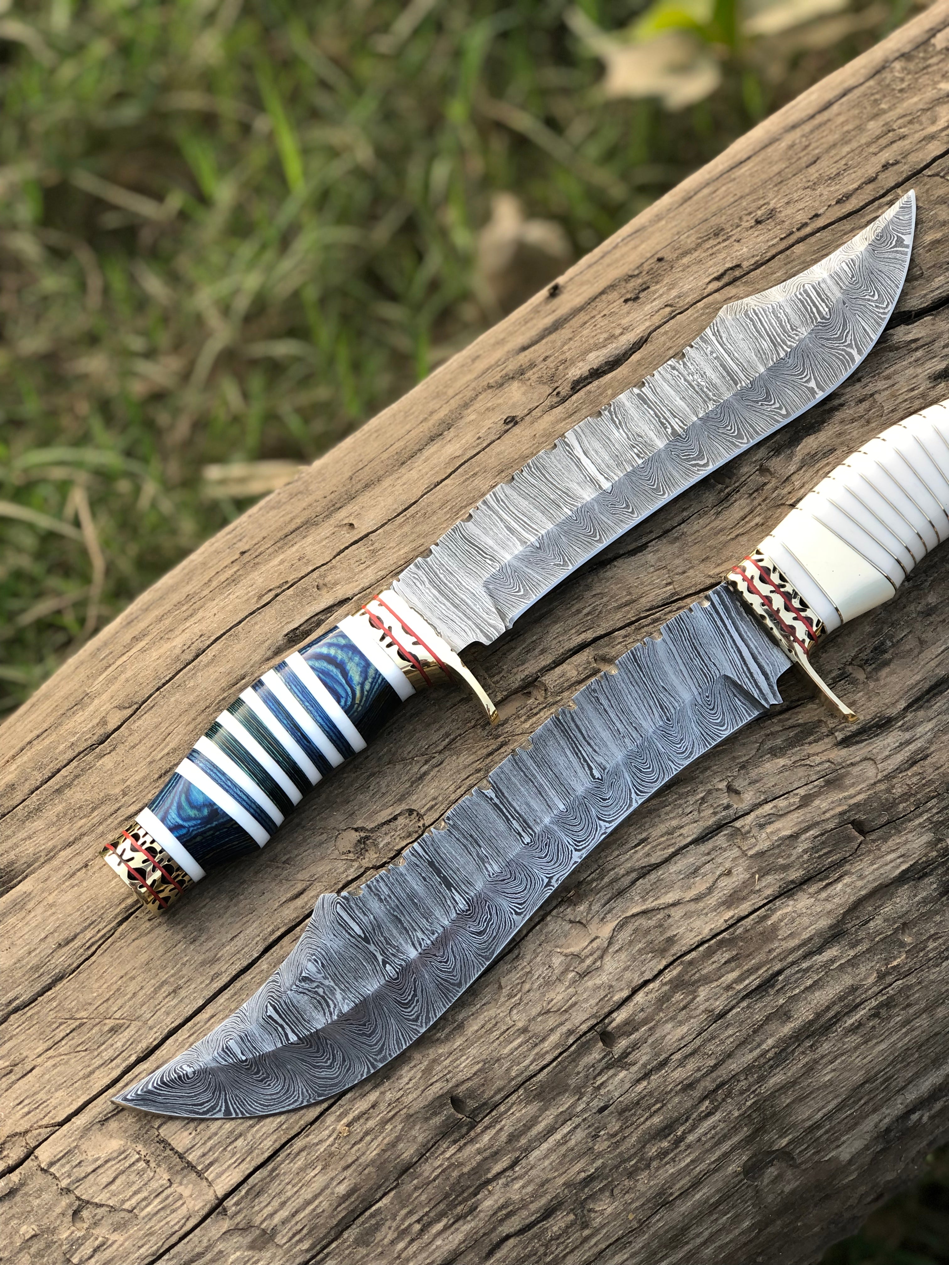 Custom Handmade Damascus Steel Bowie Knife with Brass Guard, Camel Bone and Brass Wood Handle - 13”