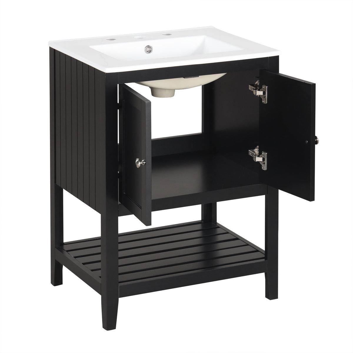 24" Black Modern Sleek Bathroom Vanity Elegant Ceramic Sink with Solid Wood Frame Open Style Shelf