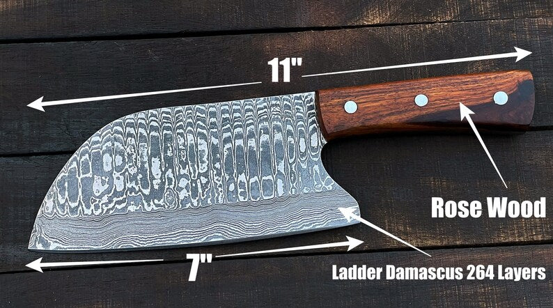 Handmade 10" Damascus Steel Cleaver – Rosewood Handle & Leather Sheath