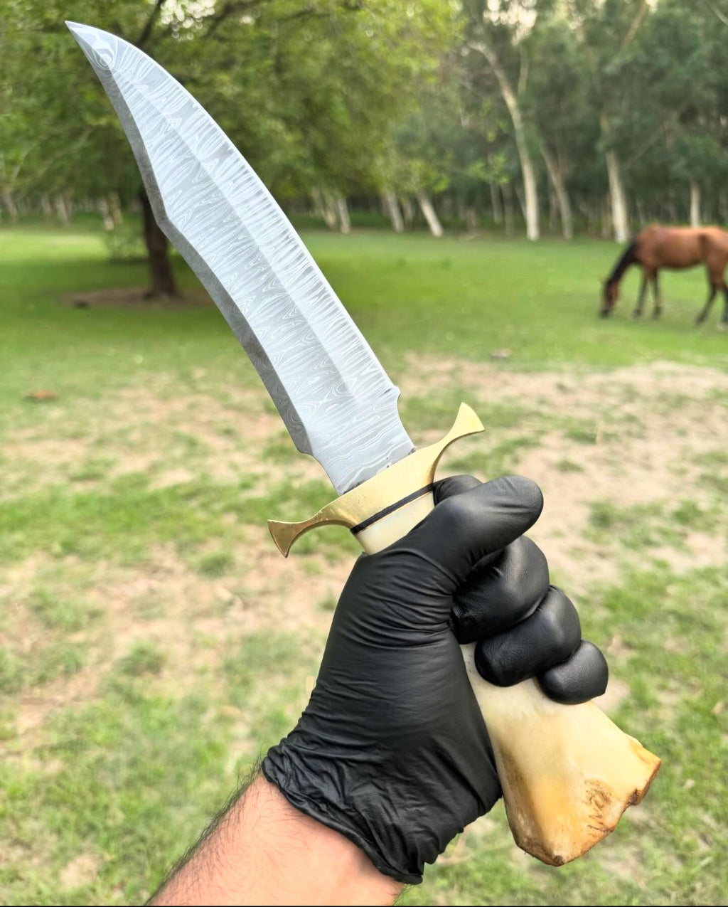 Luxurious Custom Handmade 16” Damascus Steel Bowie Knife with Brass Guard and Camel Bone Handle, Complete with Leather Sheath