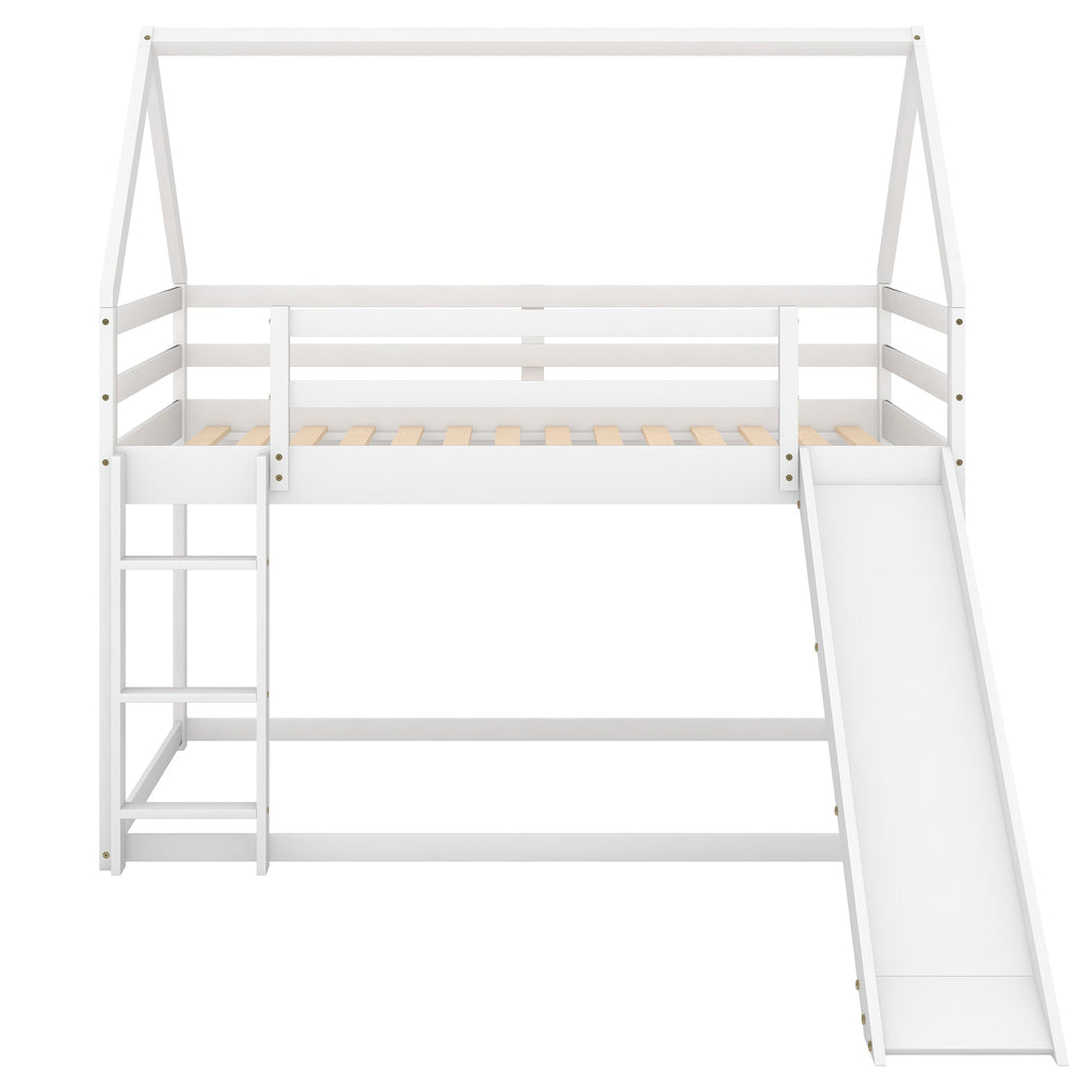 Twin Size Bunk House Bed with Slide and Ladder White