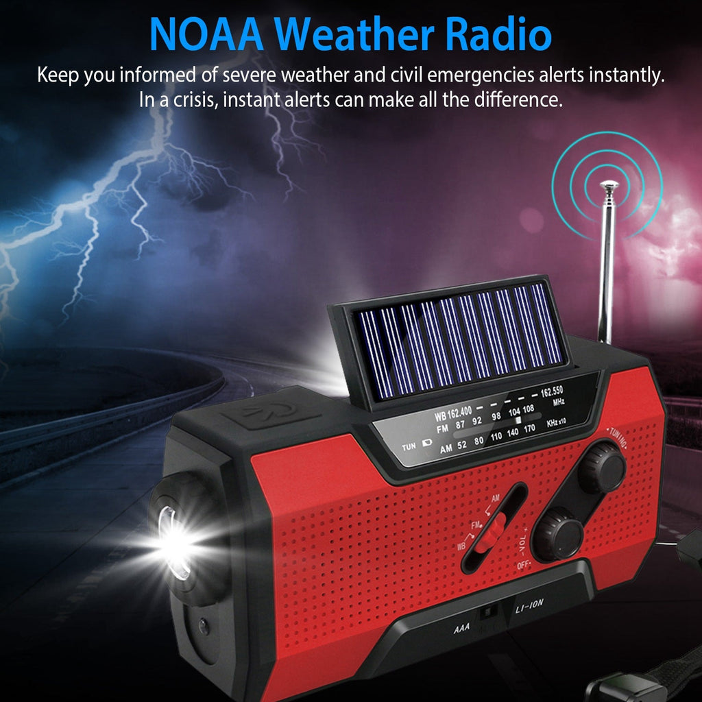 Emergency Solar Hand Crank Weather Radio AM/FM/NOAA Radio SOS 2000mAh Power Bank Flashlight w/ Reading Lamp
