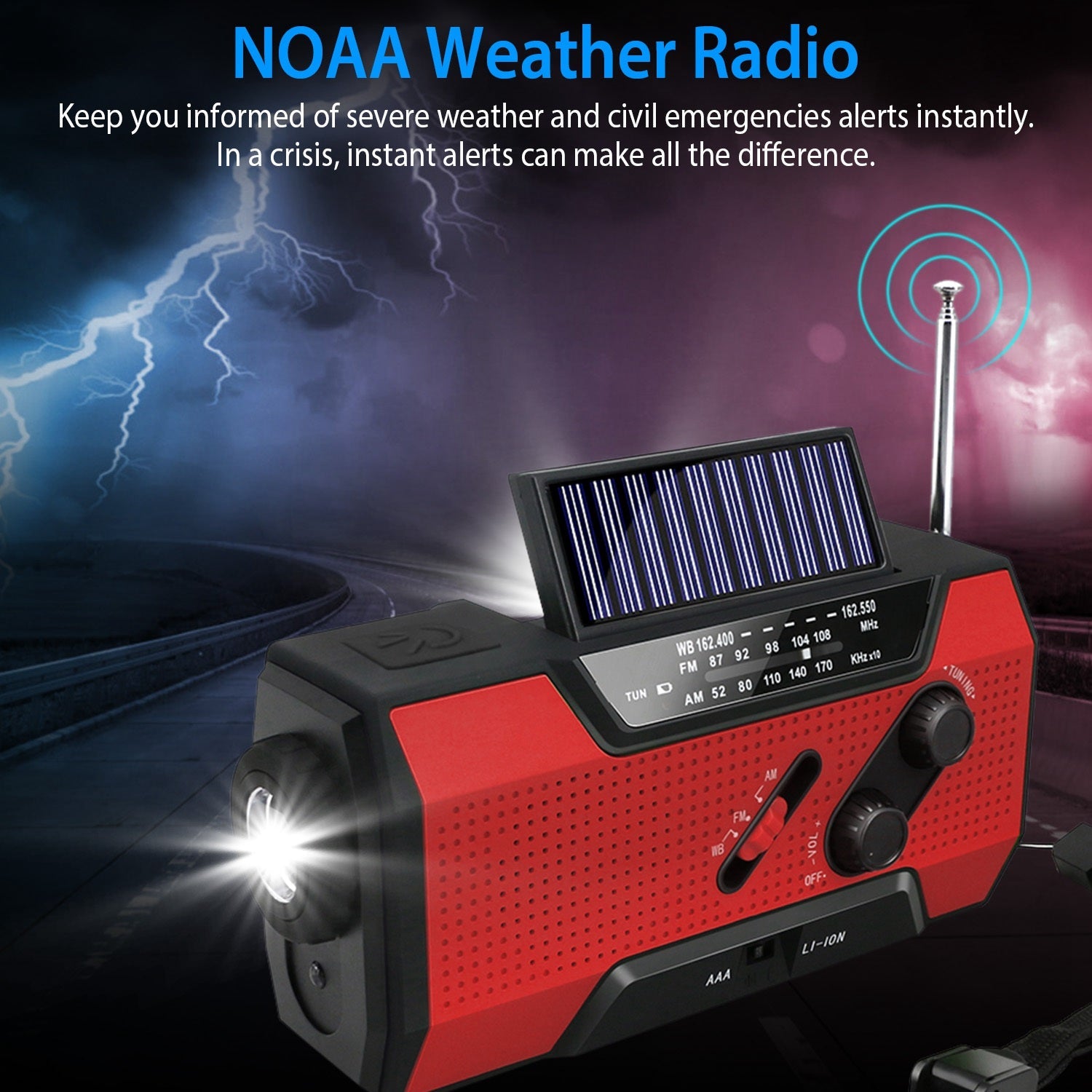 Emergency Solar Hand Crank Weather Radio AM/FM/NOAA Radio SOS 2000mAh Power Bank Flashlight w/ Reading Lamp