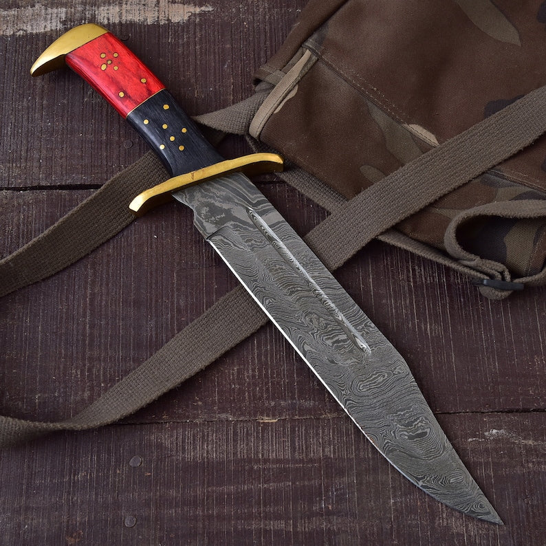 Premium Handmade Damascus Steel Rambo Bowie Knife with Brass Wood Handle & Leather Sheath