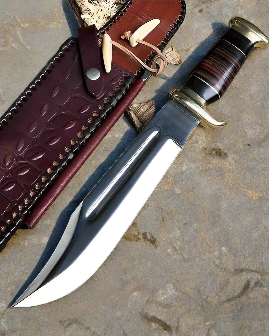 Custom Handmade D2 Steel Dundee Bowie Knife – 15” Buffalo Horn & Leather Grip with Sheath