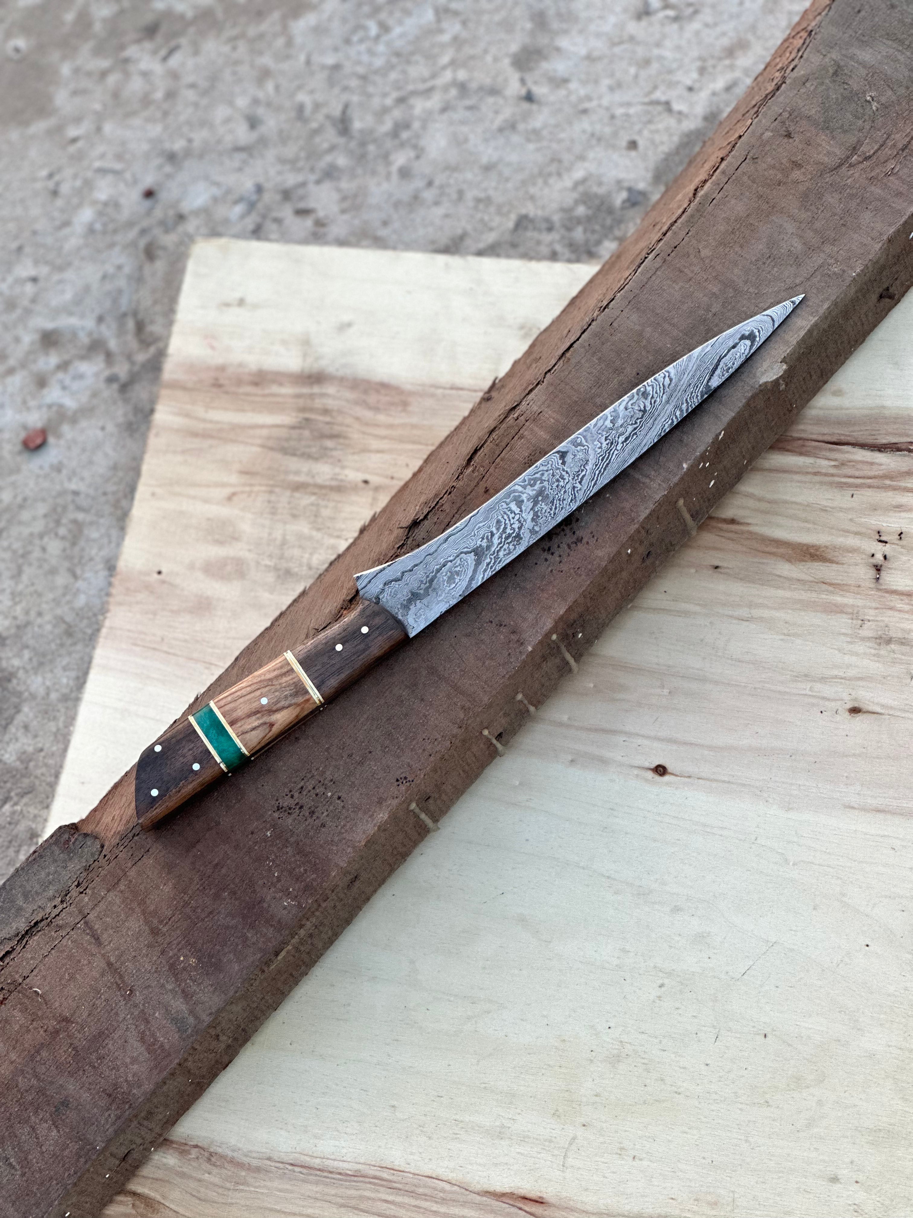 Handmade Damascus Steel Large Fillet Knife Hunting Fishing, Full Tang 13.5 inch