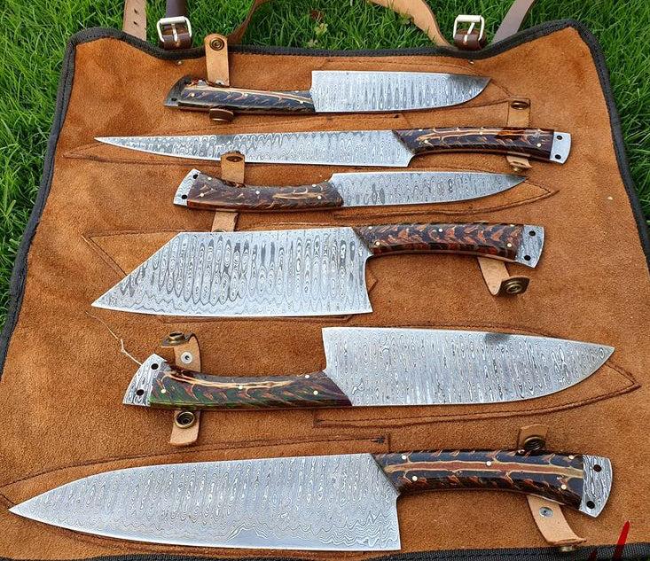 6 pieces custom made Damascus steel chef knives set
