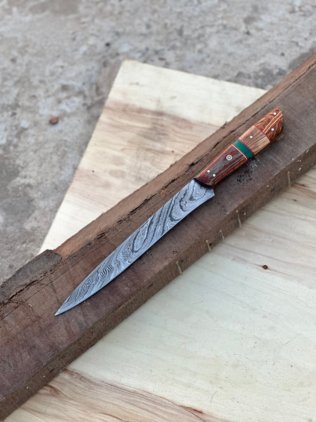Handmade Damascus Steel Large Fillet Knife Hunting Fishing, Full Tang 13.5 inch