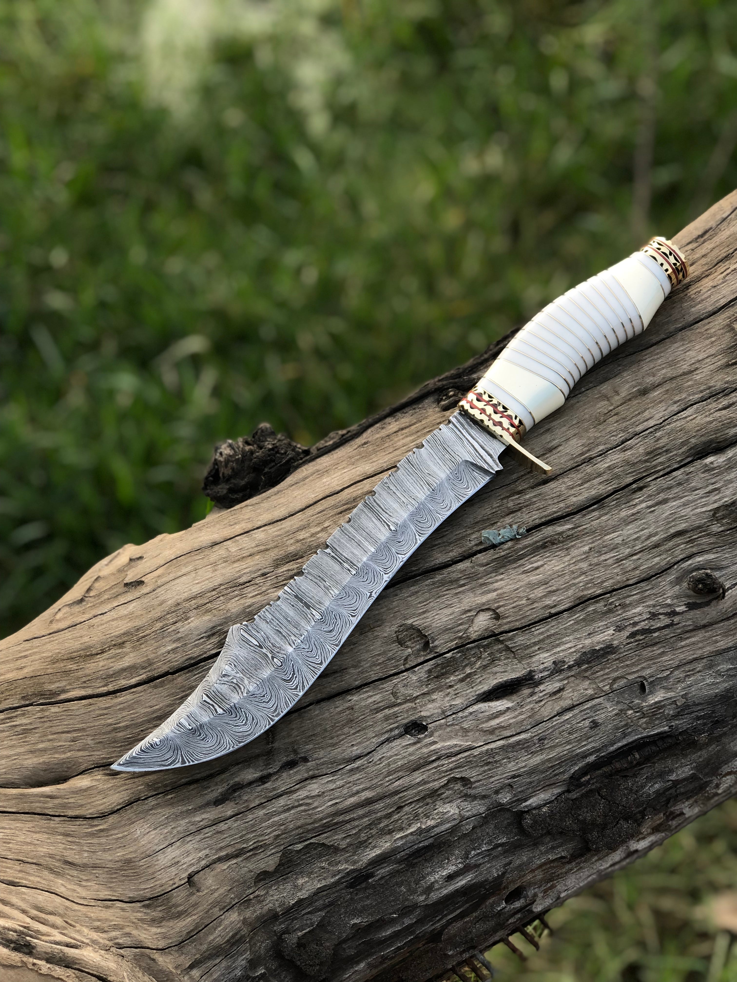 Handmade Damascus Steel Blade Bowie Knife Decorated Camel Bone Handle