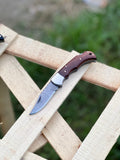 Handmade Damascus Blade Pocket Knife – Rosewood Handle & Steel Bolster with Leather Sheath