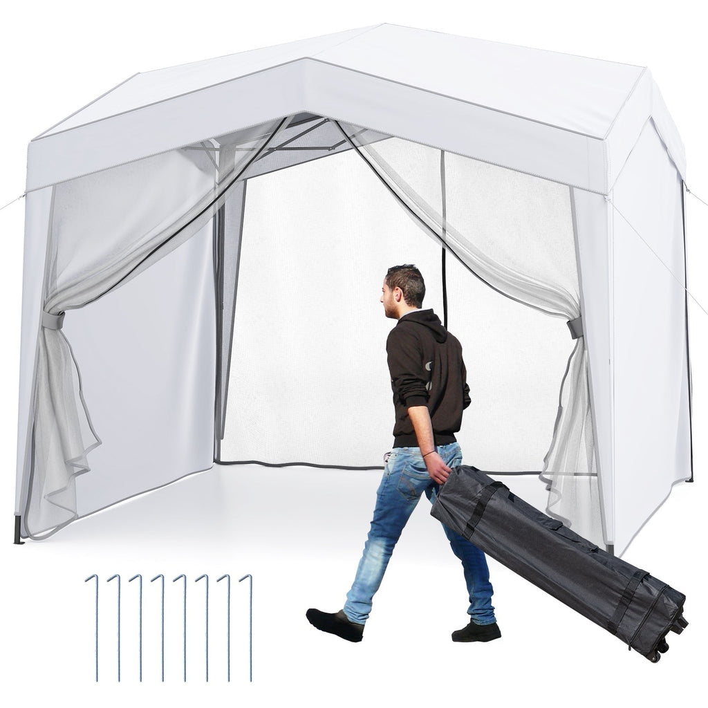 Pop up Canopy Tent wiht 4 Sidewalls Mesh Netting Wheeled Bag-White