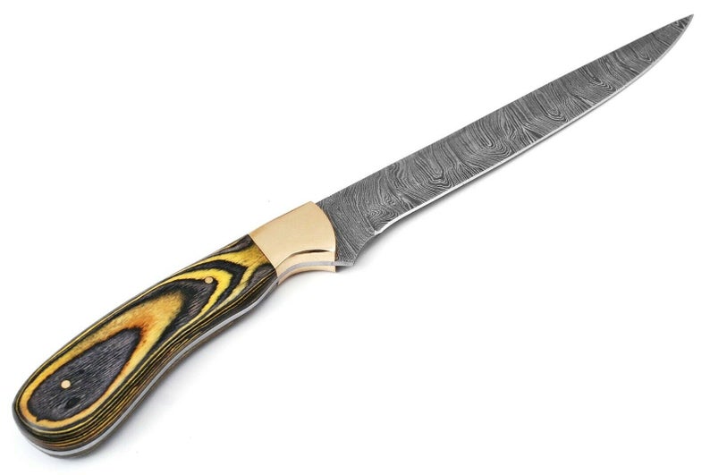 Custom Handmade Damascus Fillet Knife - 12" with Pakka Wood Handle and Brass Bolster