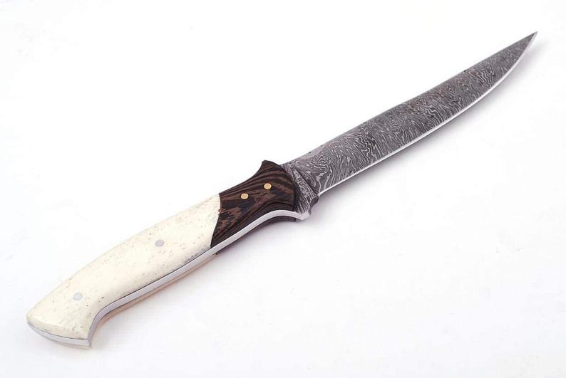 Custom Handmade Damascus Fillet Knife - 12" Bone & Exotic Wood Handle with Brass Bolster and Leather Sheath