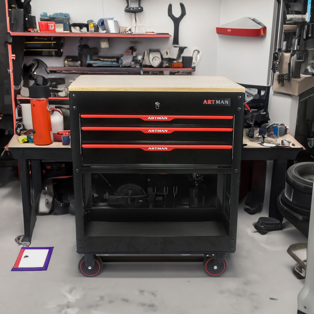 3 DRAWERS MULTIFUNCTIONAL TOOL CART WITH WHEELS AND WOODEN TOP