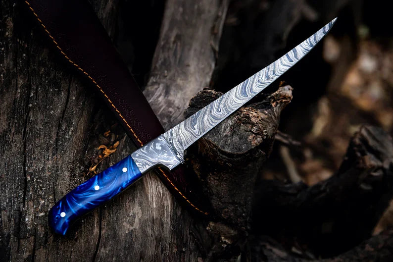 Custom Handmade 13-Inch Damascus Fillet Knife with Blue Resin Handle and Damascus Steel Bolster