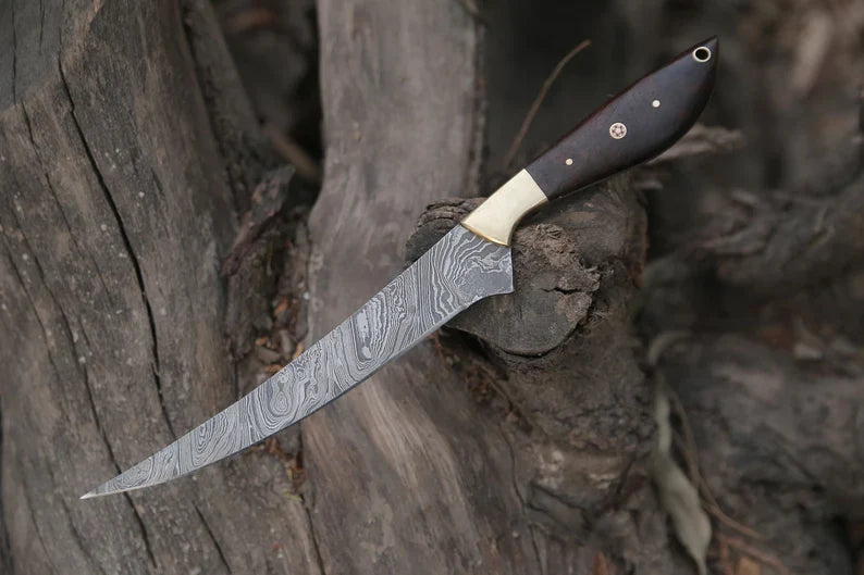Custom Handmade 13-Inch Damascus Steel Fillet Knife with Rosewood Handle and Brass Bolster