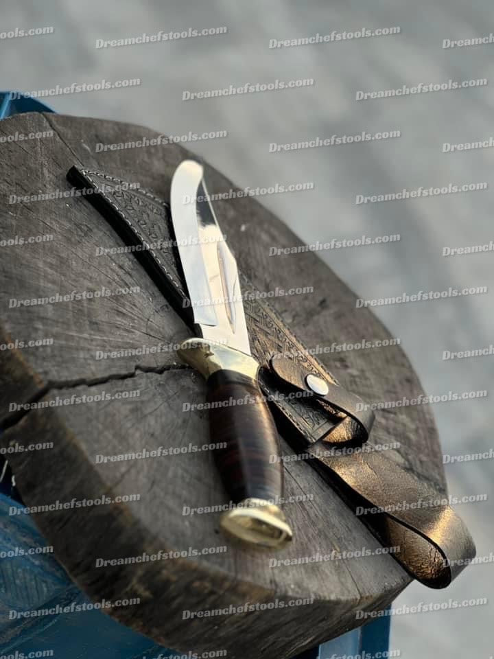 Custom Handmade 13" D2 Steel Hunting Bowie Knife with Leather Handle, Brass Guard, and Leather Sheath