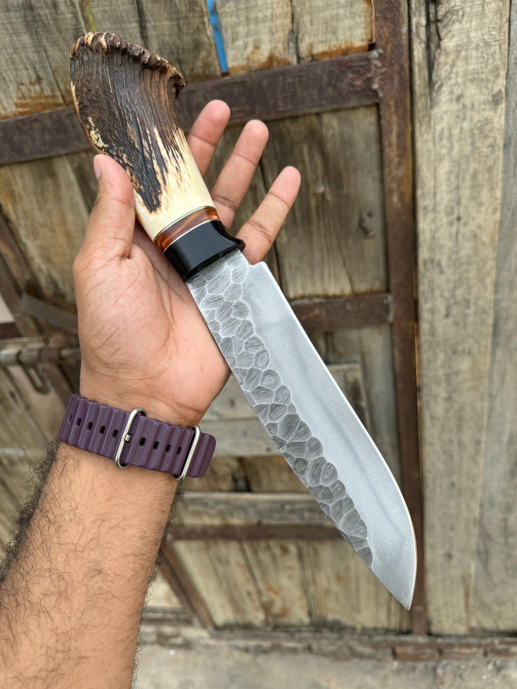 Custom Handmade 13" D2 Steel Bowie Knife with Stag Crown Handle and Leather Sheath