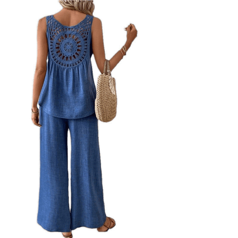 Fashionable Solid Color Back Hollow Lace Set