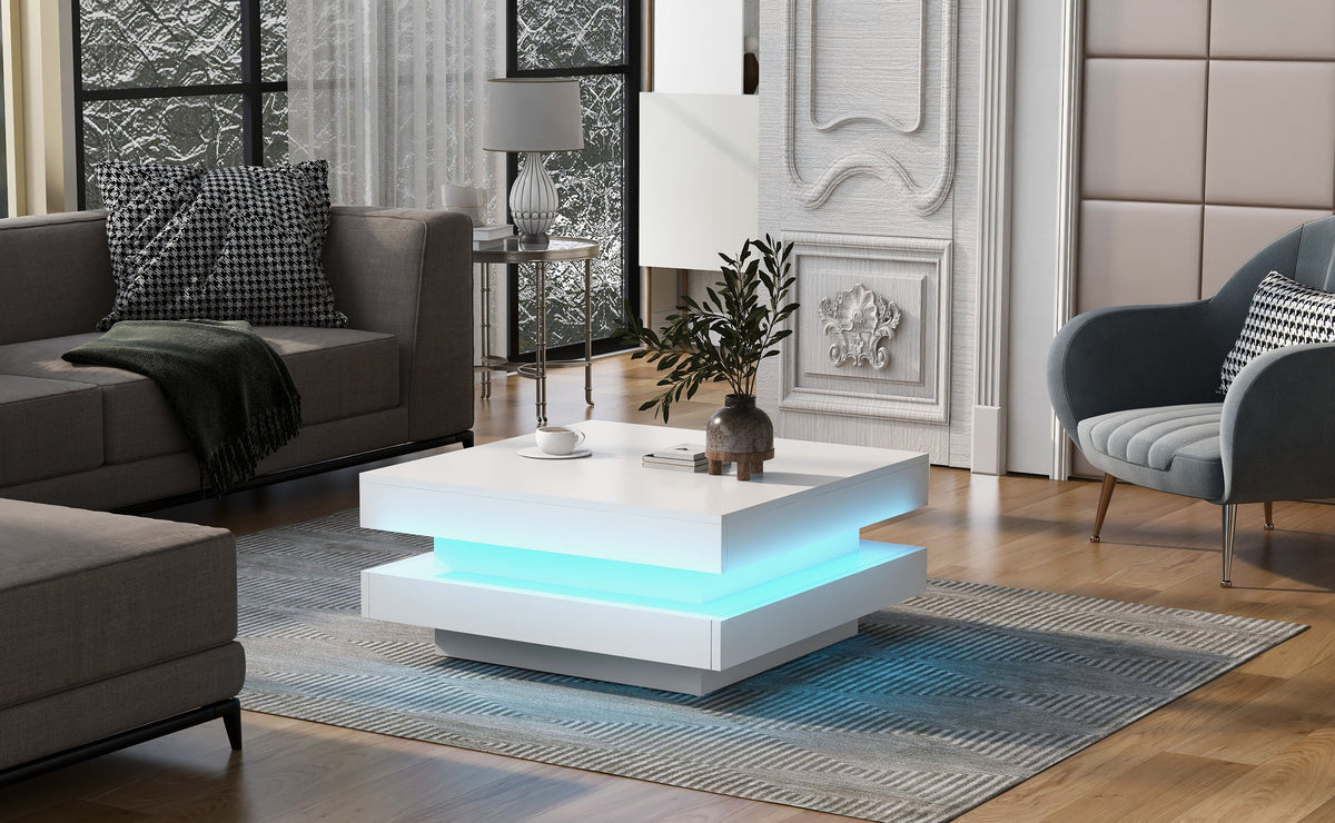 ON-TREND High Gloss Minimalist Design with LED Lights 2-Tier Square Coffee Table White