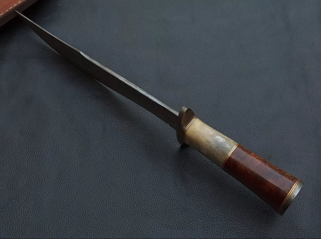 Custom Handmade 15” Bowie Knife with Color Bone Handle & Damascus Steel Guard – Includes Leather Sheath