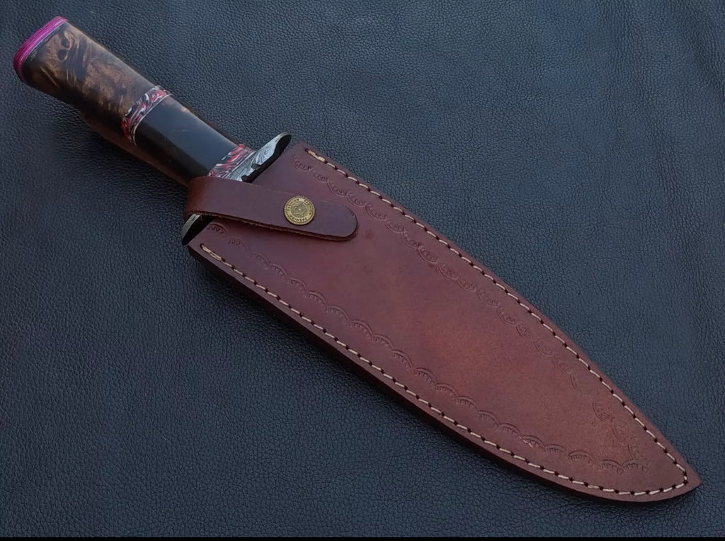Custom Handmade 15” Bowie Knife with Rosewood Handle & Damascus Steel Guard – Includes Leather Sheath