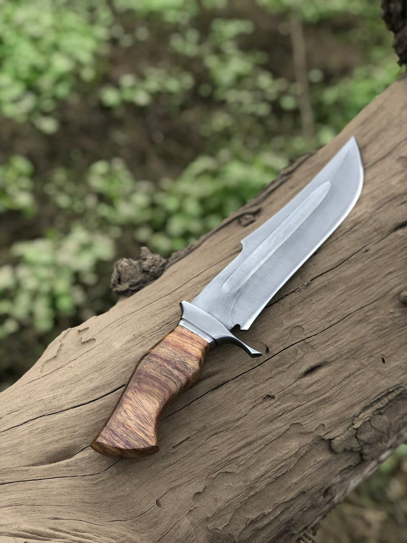 Custom Handmade 15-Inch D2 Steel Acid Wash Bowie Knife with Rosewood Handle and Steel Guard