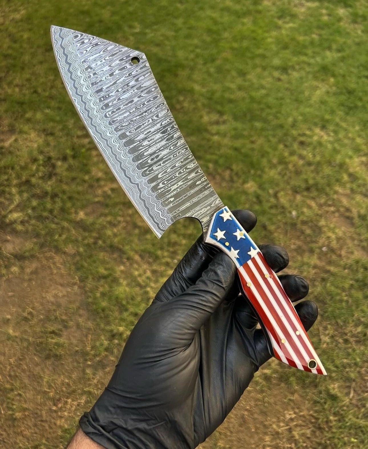 Japanese Damascus Cleaver – Texas Flag Handle with Leather Sheath