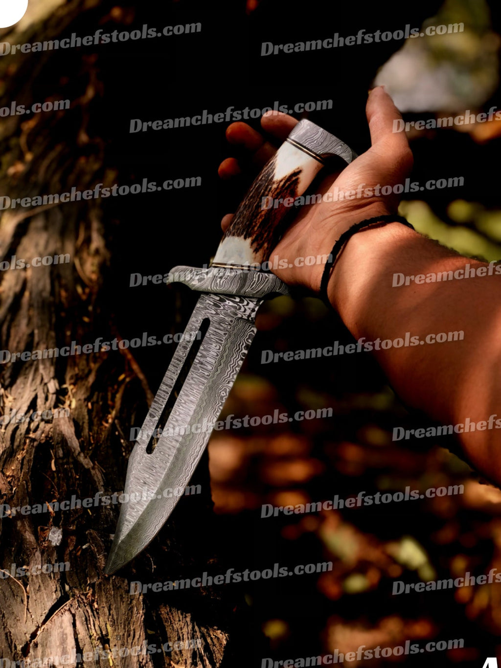 15" Handmade Damascus Steel Bowie Knife – Full Tang with Stag Antler Handle & Damascus Steel Guard, Includes Leather Sheath