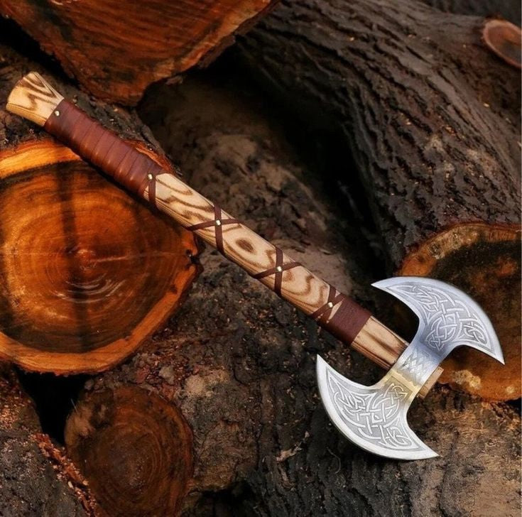 Custom Handmade Double-Blade Knife with Engraved D2 Steel & Ash Wood Handle – High Quality Leather Sheath Included