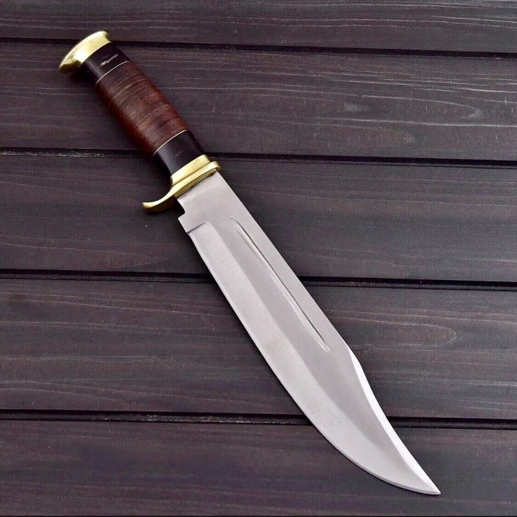 : Custom Handmade 440C Steel Crocodile Dundee Bowie Knife - 16" Heavy Duty, Leather & Buffalo Horn Handle, Razor Sharp Blade, Belt Loop Leather Sheath
