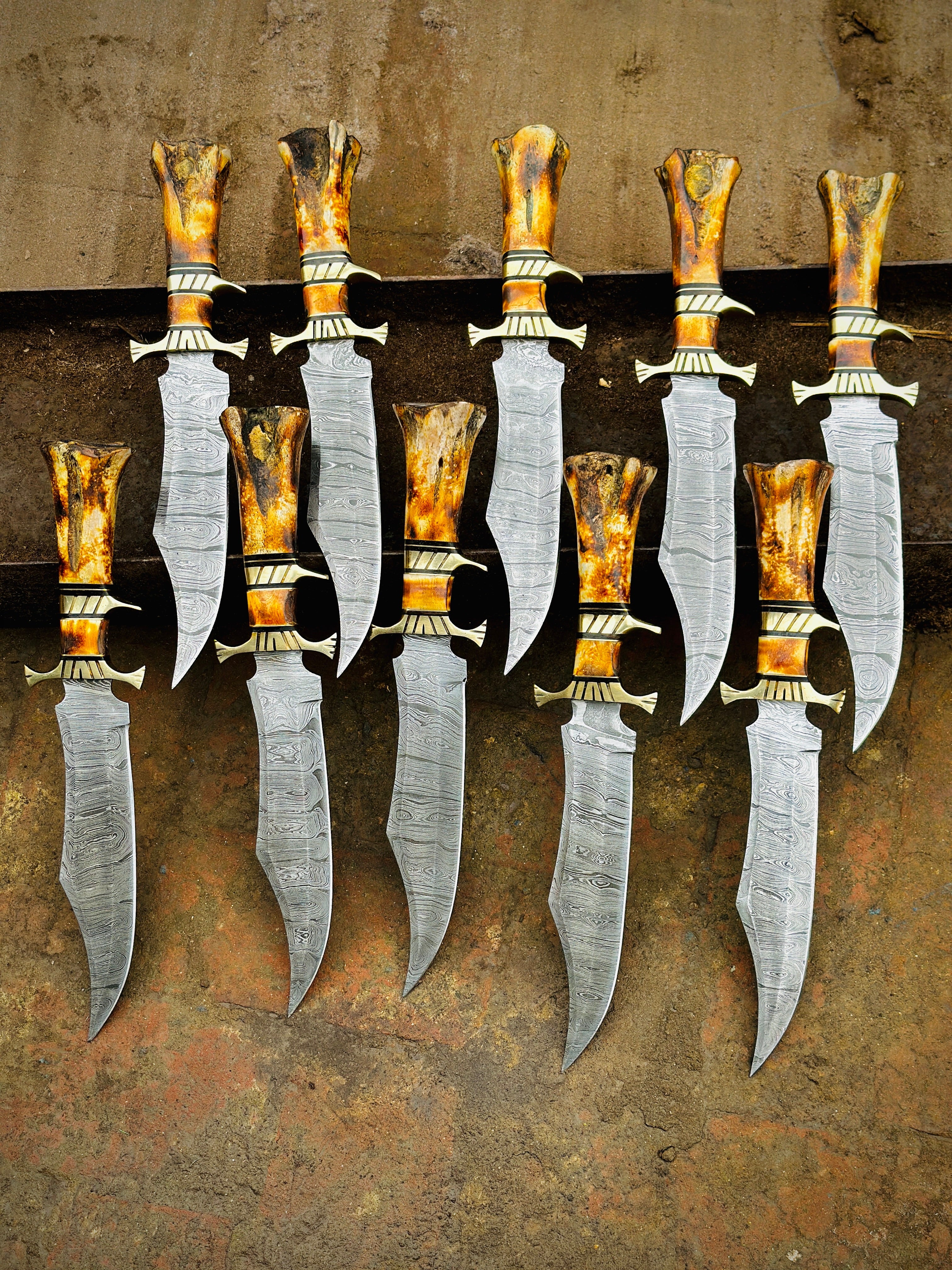 Handcrafted Damascus Steel Bowie Knife with Brass Guard and Color Bone Handle – Premium Leather Sheath Included