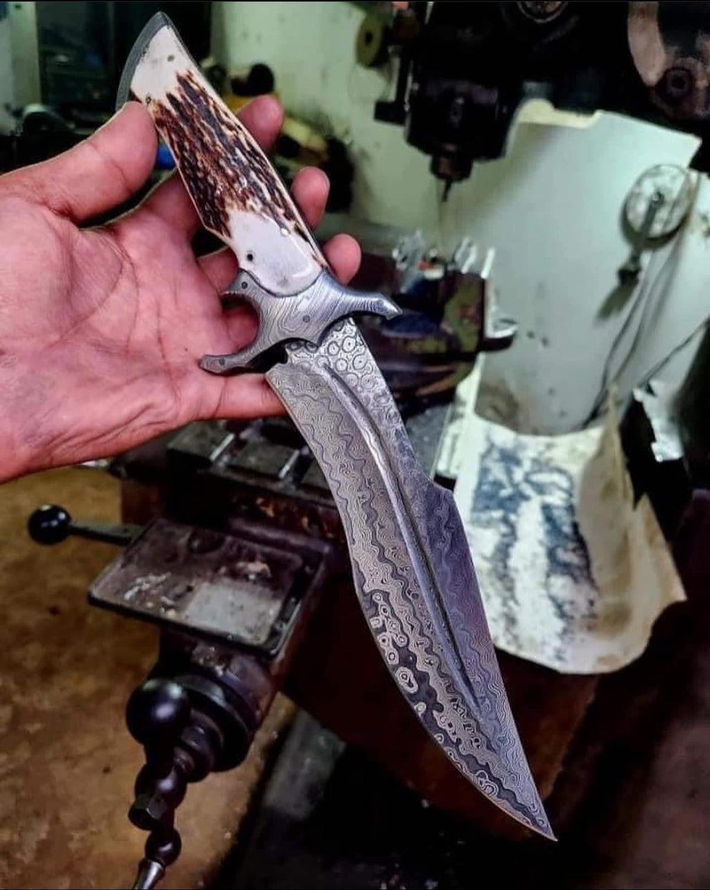Custom Handmade Damascus Steel Bowie Knife with Damascus Steel Guard and Stag Handle - 16”