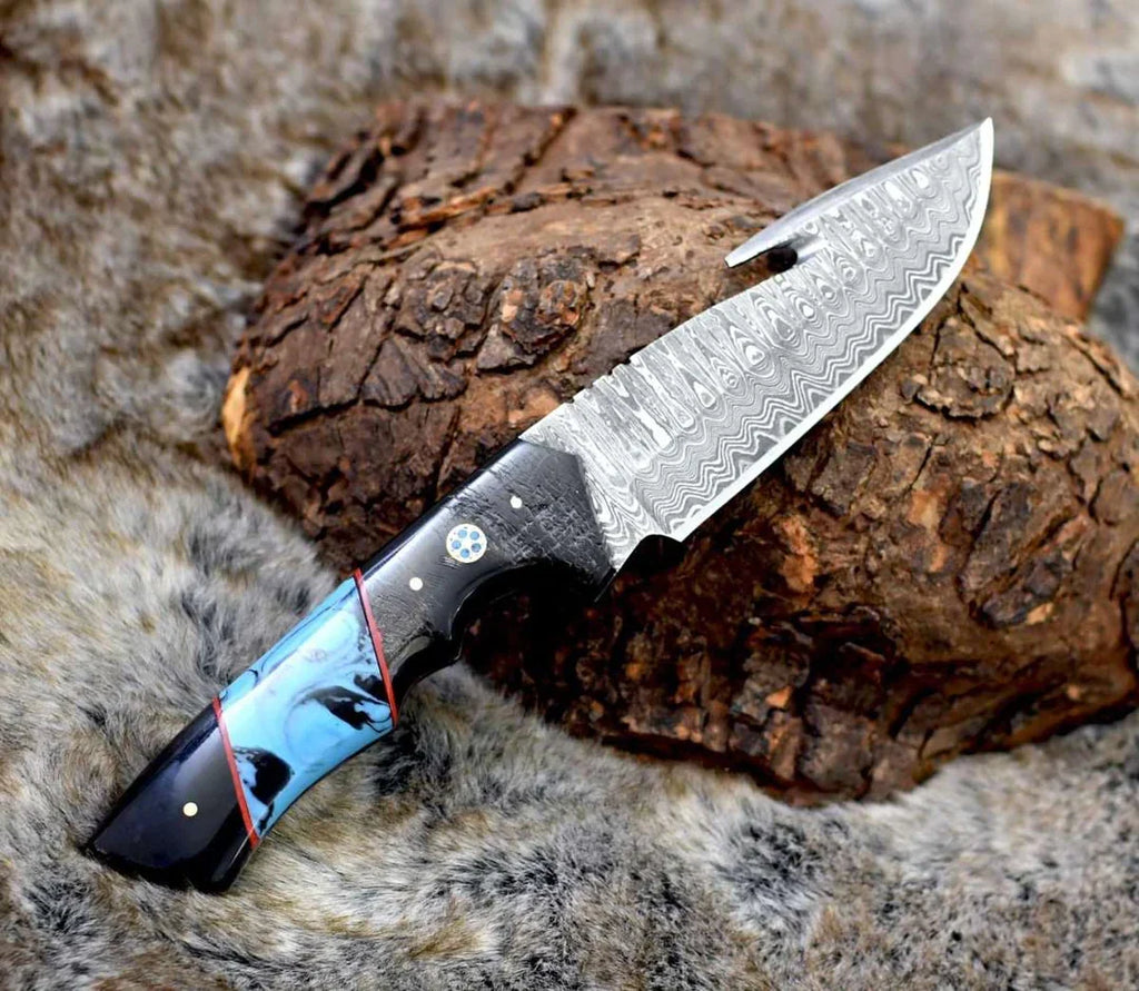 DAMASCUS EVOKE HOOK KNIFE, Resin & TURQUOISE HANDLE