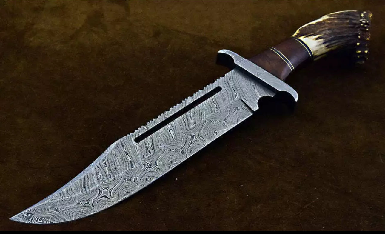 Custom Handmade Damascus Steel Bowie Knife | Damascus Steel Guard, Rosewood Handle & Stag Crown | Leather Sheath