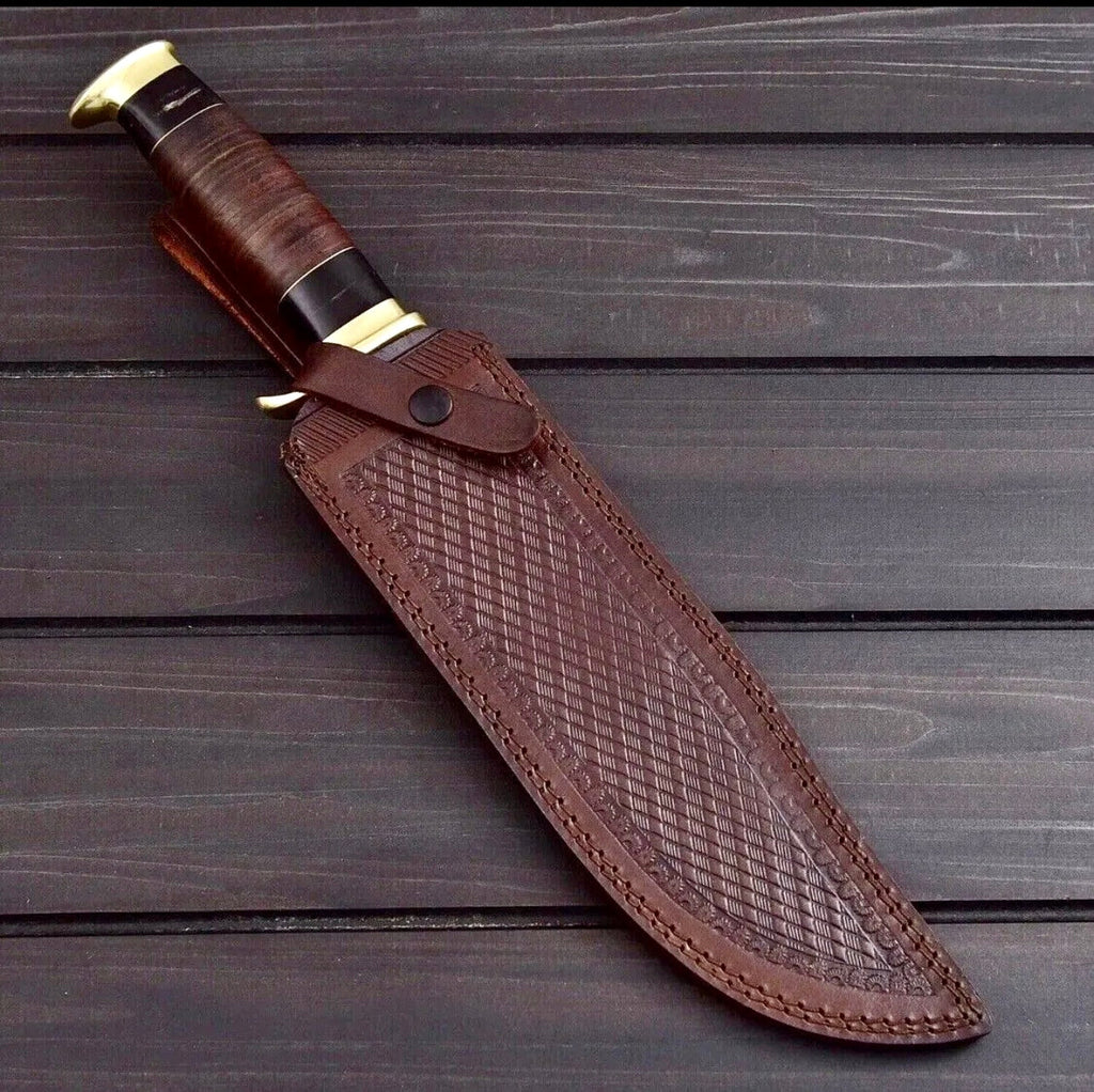 : Custom Handmade 440C Steel Crocodile Dundee Bowie Knife - 16" Heavy Duty, Leather & Buffalo Horn Handle, Razor Sharp Blade, Belt Loop Leather Sheath