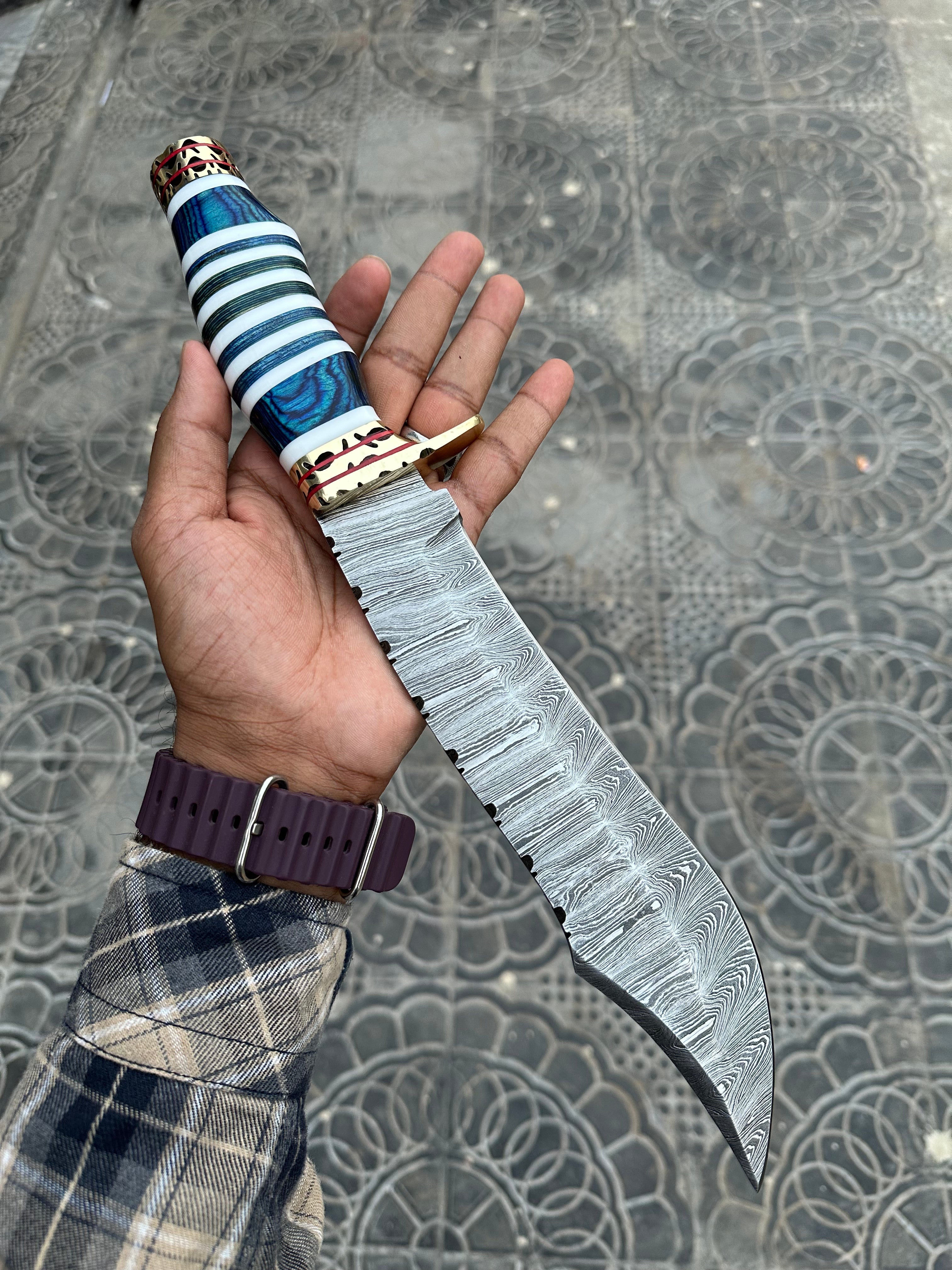 The Masterpiece Bowie: 14-Inch Damascus Steel Bowie Knife with Exotic Pakka Wood, Bone, Brass Guard, and Spacers