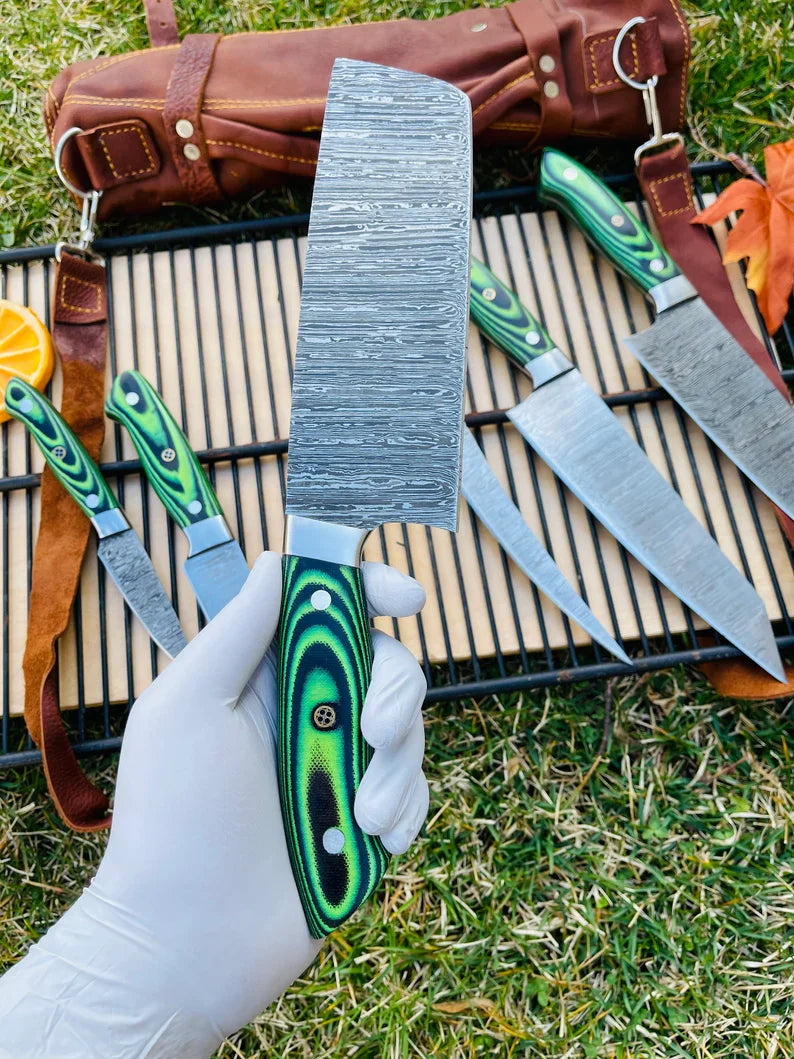 Custom Handmade Damascus Steel 5-Piece Kitchen Knife Set with G10 Handle and Steel Bolster - Includes Leather Roll Kit