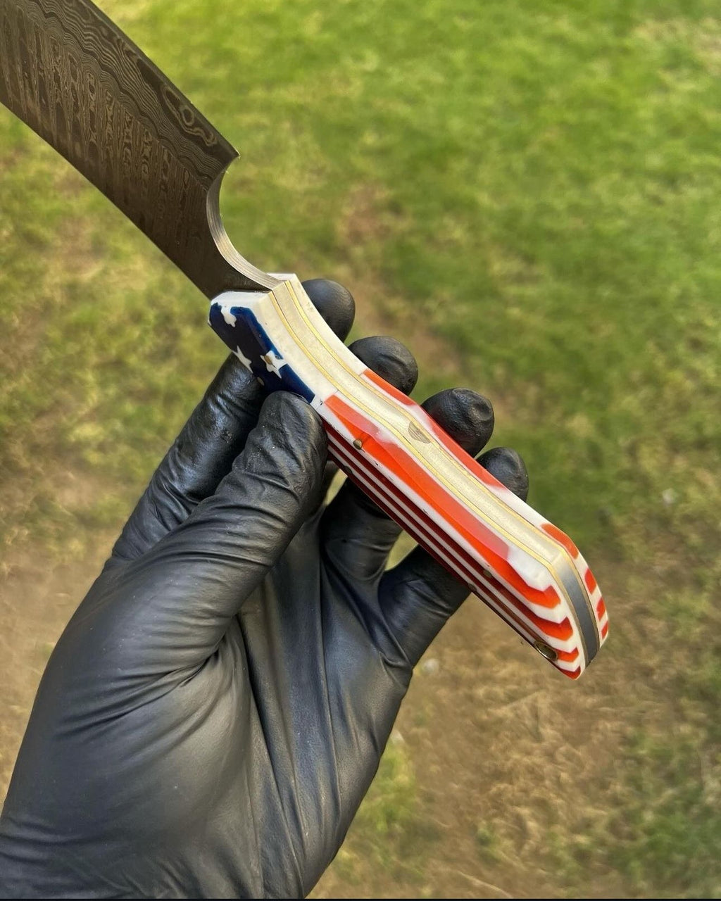 Japanese Damascus Cleaver – Texas Flag Handle with Leather Sheath