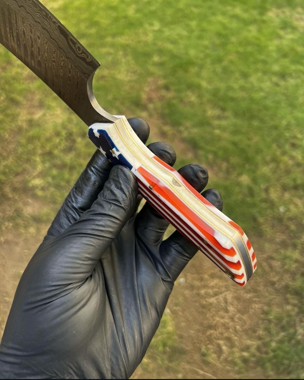 Japanese Damascus Cleaver – Texas Flag Handle with Leather Sheath