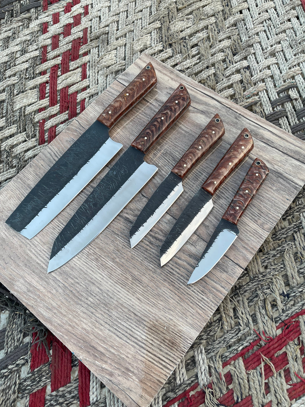 J2 steel hand forged handmade kitchen chef knives set overall