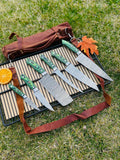 Custom Handmade Damascus Steel 5-Piece Kitchen Knife Set with G10 Handle and Steel Bolster - Includes Leather Roll Kit