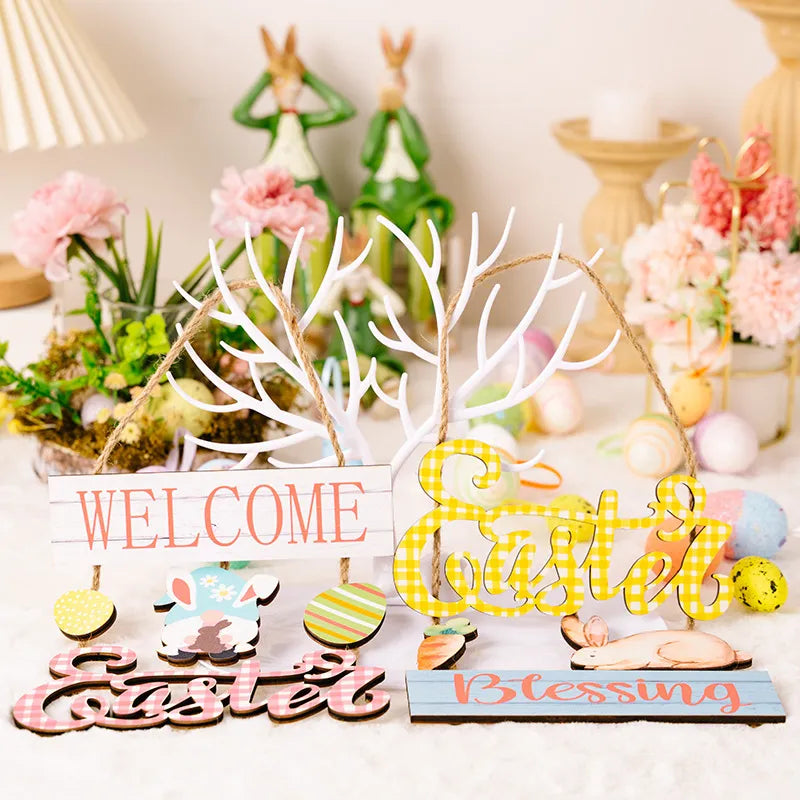 Easter decoration supplies Easter grid letter wooden pendant cartoon Easter egg rabbit pendant