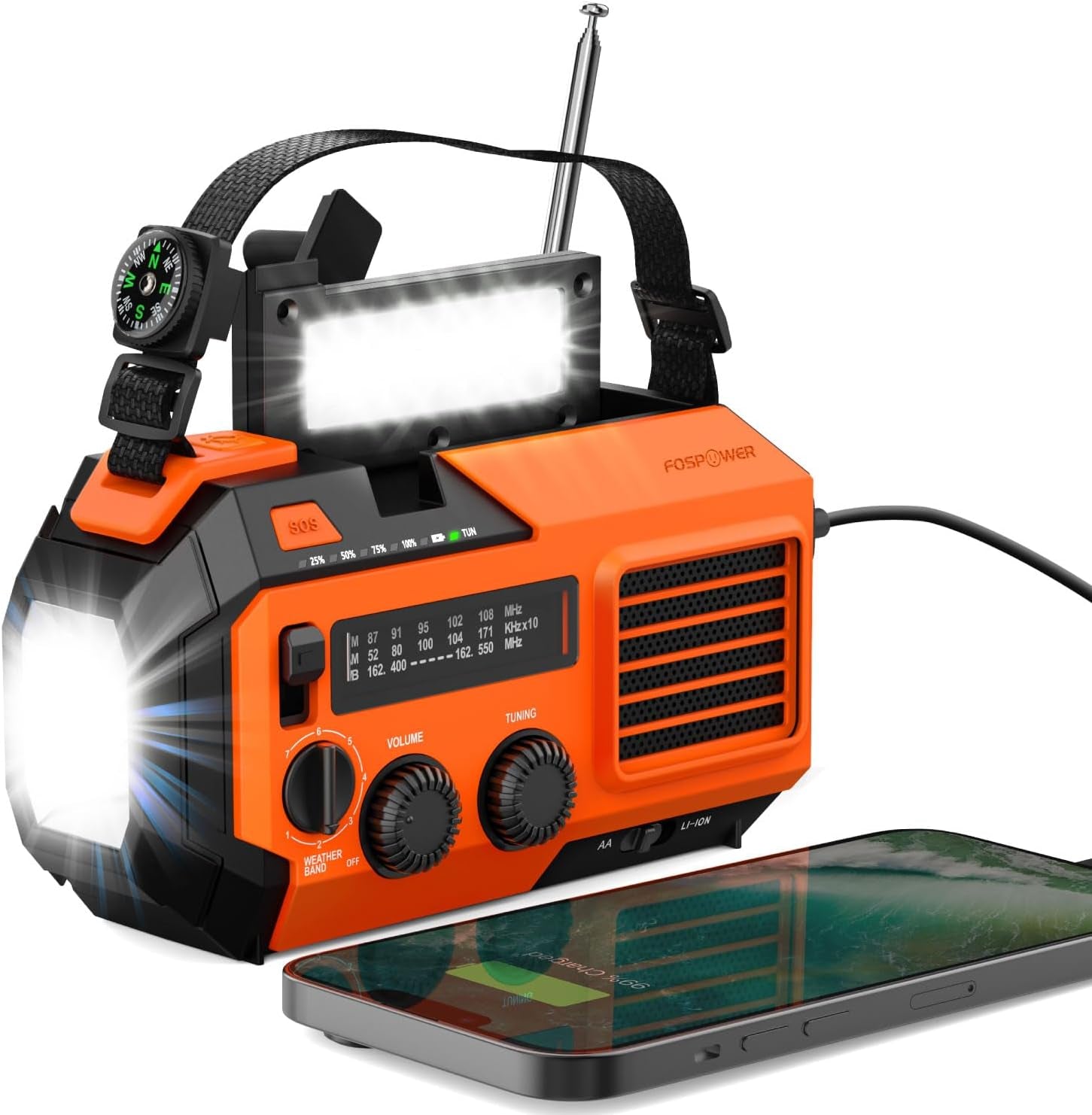 Fospower NOAA Emergency Weather Radio A1 7400Mwh Portable Power Bank, AM/FM, Usb/Solar/Hand Crank Charging, Battery Operated, SOS Alarm & Flashlight for Indoor/Outdoor Emergency - Orange
