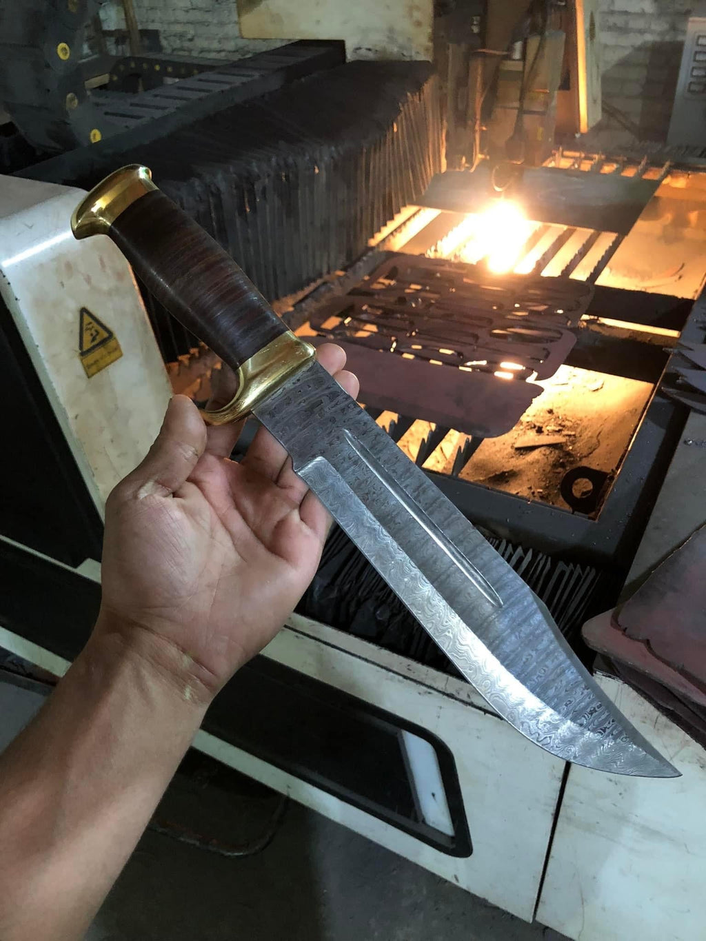 Custom Handmade Damascus Steel Crocodile Dundee Bowie Knife with Brass Guard Handle - 16”