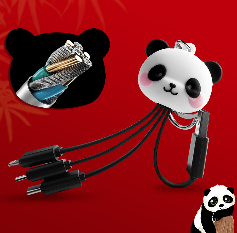 Cartoon Panda One Drag Three Data Wires Cute Keychain Panda Three in One Fast Charging Mobile Phone Charging Cable