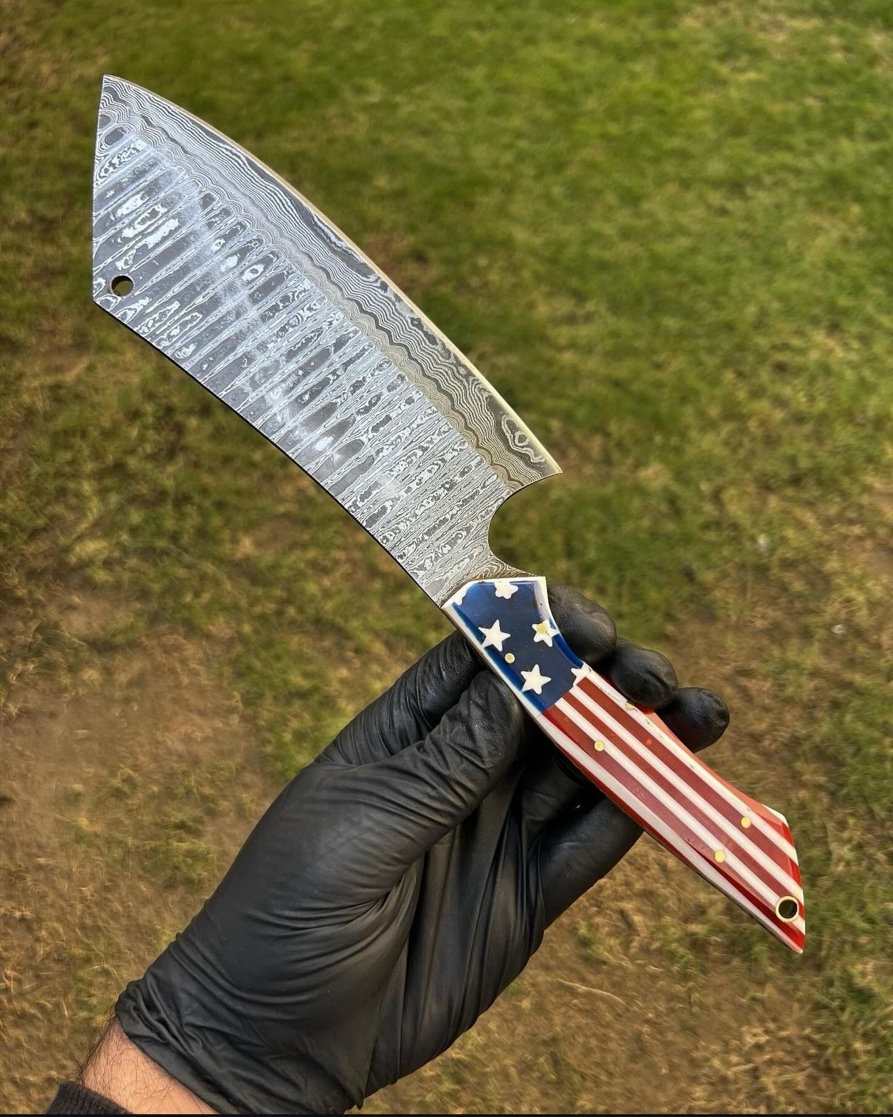 Japanese Damascus Cleaver – Texas Flag Handle with Leather Sheath