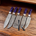 Cooking Knife Set – 13" Handmade Damascus Steel Blades with Resin Handles, Steel Bolsters & Leather Roll Kit