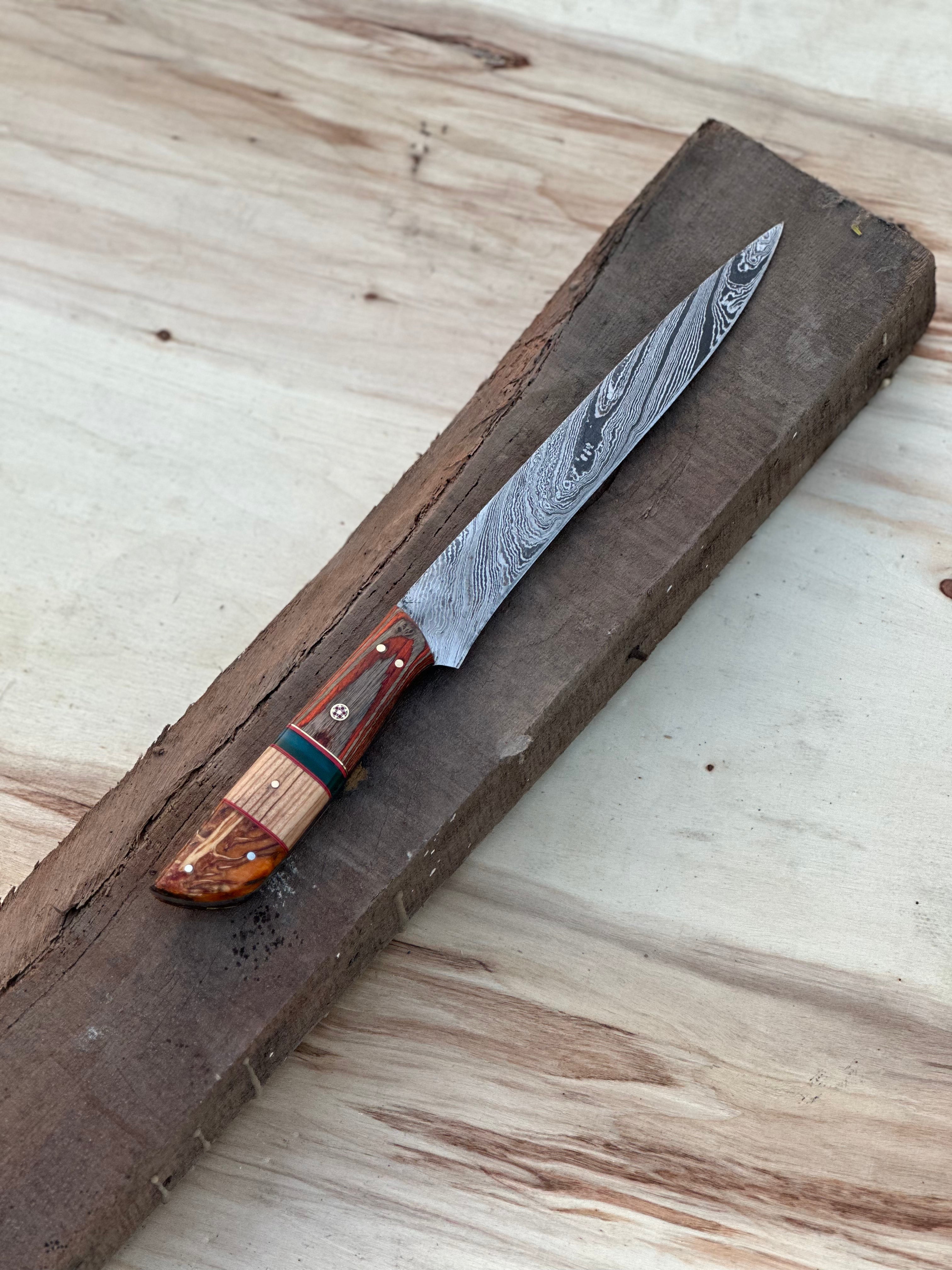 Handmade Damascus Steel Large Fillet Knife Hunting Fishing, Full Tang 13.5 inch