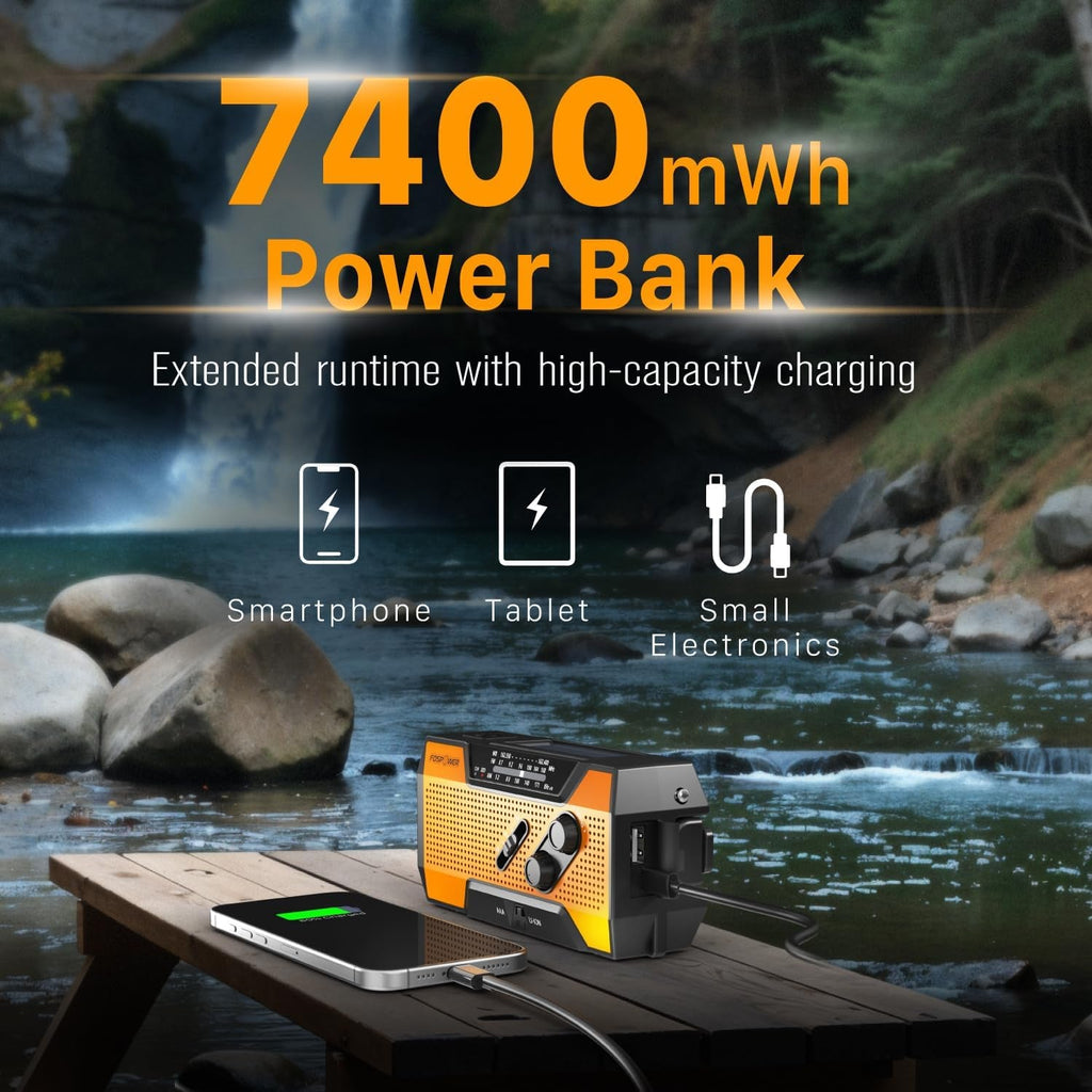 Fospower NOAA Emergency Weather Radio A1 7400Mwh Portable Power Bank, AM/FM, Usb/Solar/Hand Crank Charging, Battery Operated, SOS Alarm & Flashlight for Indoor/Outdoor Emergency - Orange